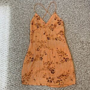 Womens Beaded Mini Dress Size M Orange Beachy Boho Sequin Festival Babydoll